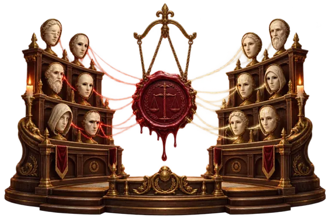 Twelve carved juror masks pulling one undecided verdict seal between two counsels
