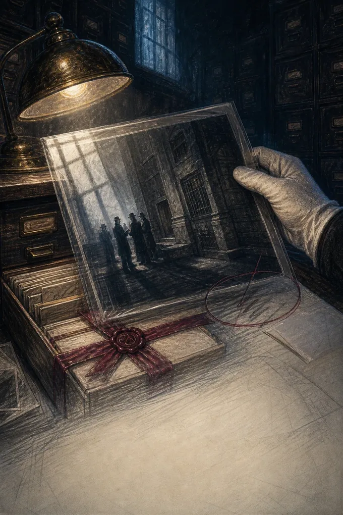 A gloved hand holds a damning photograph under a brass desk lamp