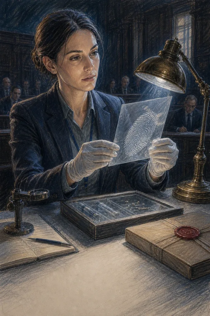 Courtroom sketch of a forensic analyst examining fingerprint evidence