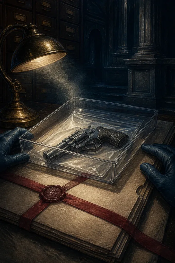A sealed firearm evidence bag rests beneath cold archive light