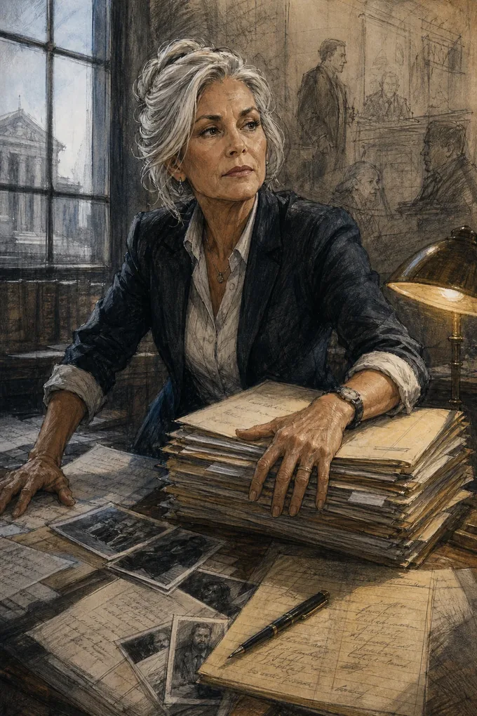 The Senior Public Defender working over a stack of case files