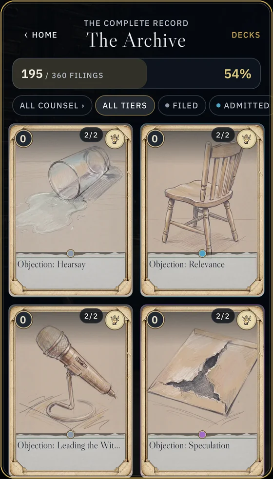 In-game Archive showing collection progress and four Objection cards