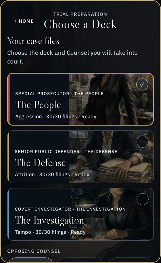 In-game counsel selection showing The People, The Defense, and The Investigation