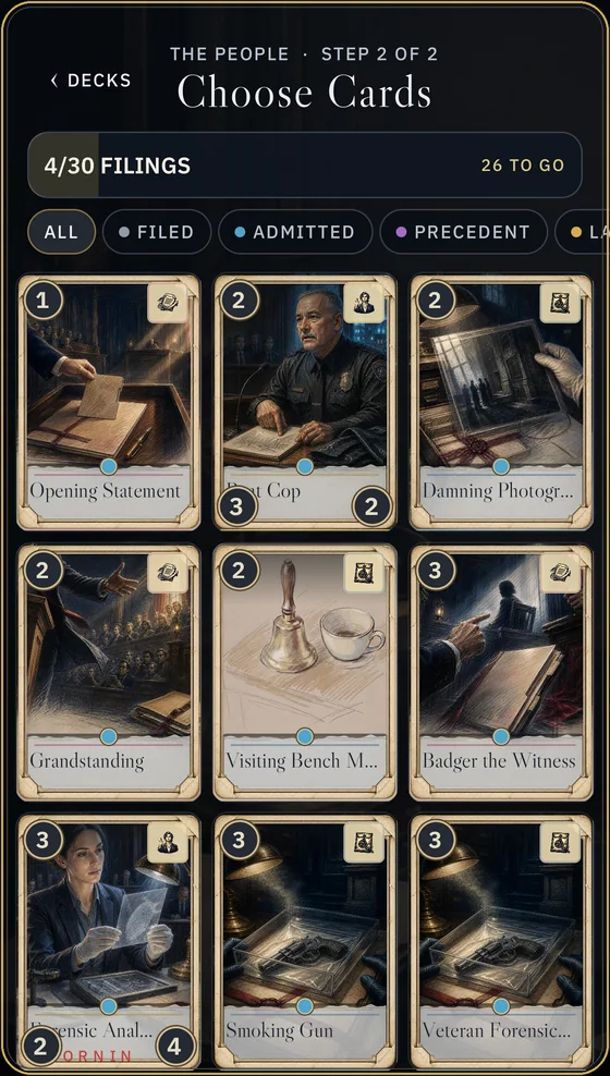 In-game deck builder showing a 30-card strategy deck and illustrated card grid