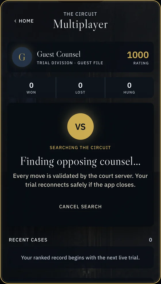 OBJECTION! multiplayer screen searching the ranked circuit for opposing counsel