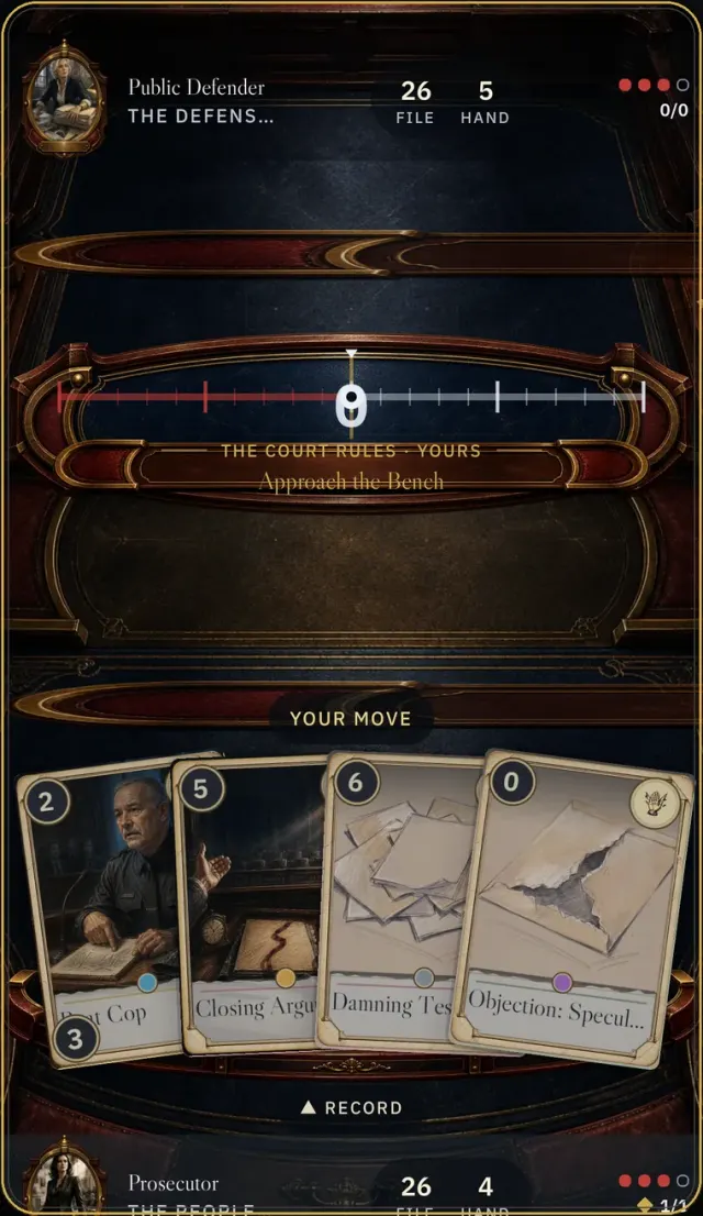 OBJECTION! trial board showing two counsels, cards in hand, and one shared jury meter